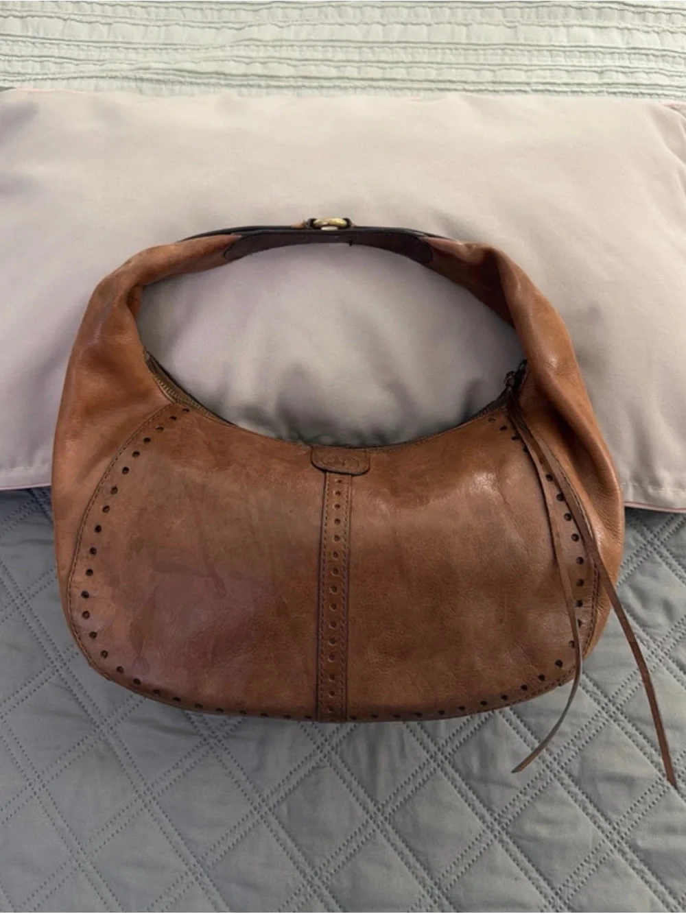 Cole Haan Tan Leather Perforated Hobo with Stud Accents